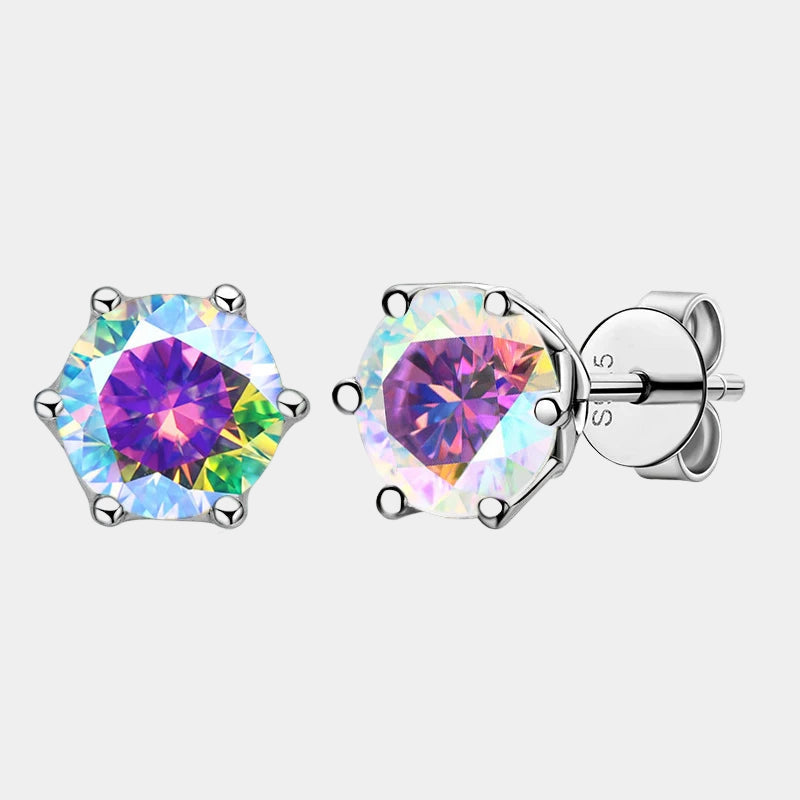 Multicolored gemstone stud earrings on a white background