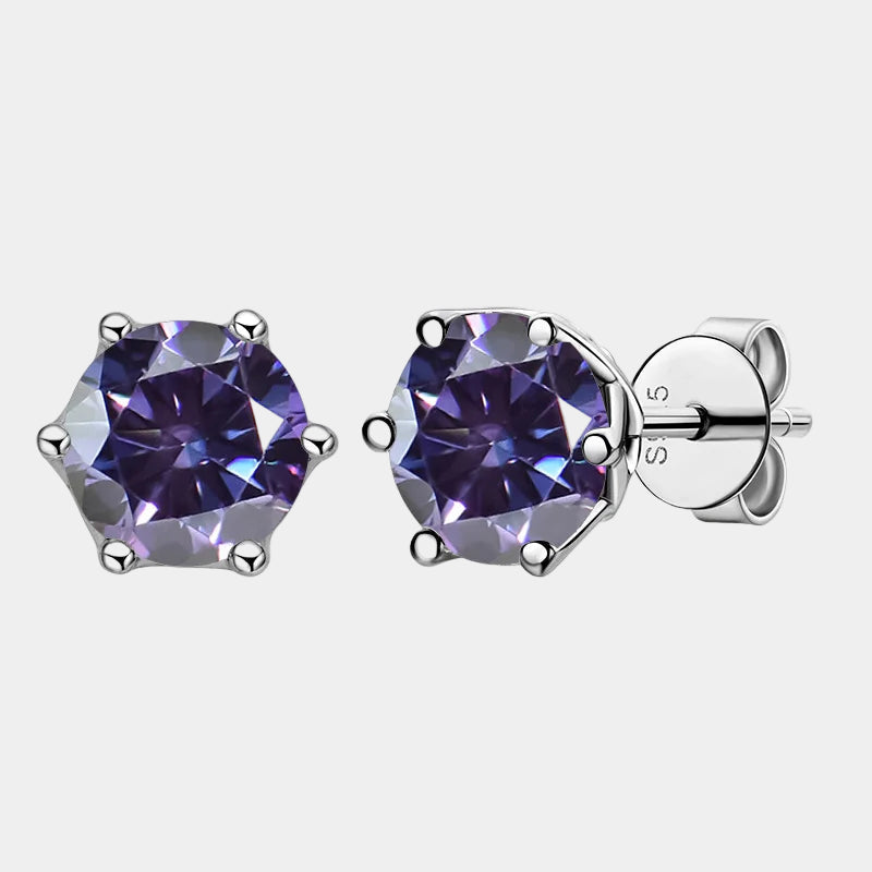 Purple gemstone stud earrings with silver posts on a white background