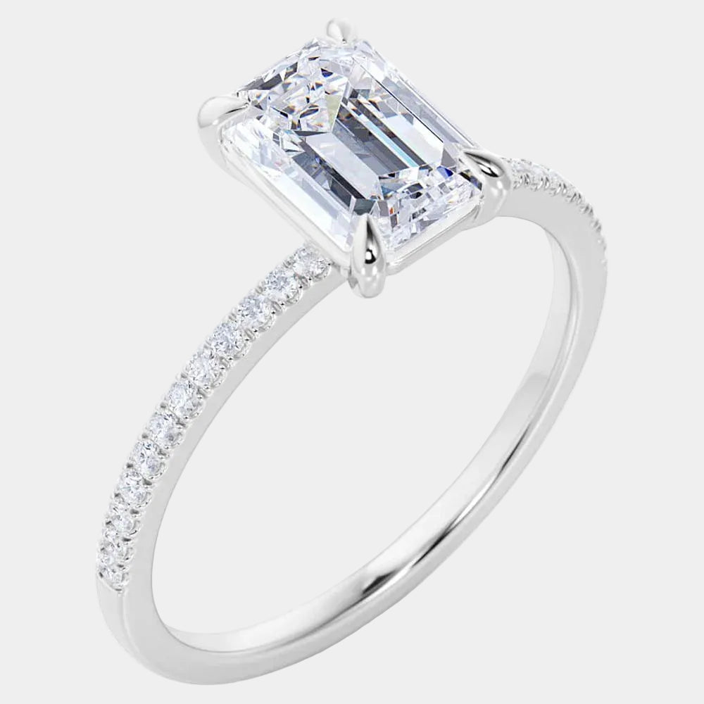 1.25 Carat Emerald Cut Moissanite Solitaire Engagement Ring in 18K White Gold over Silver