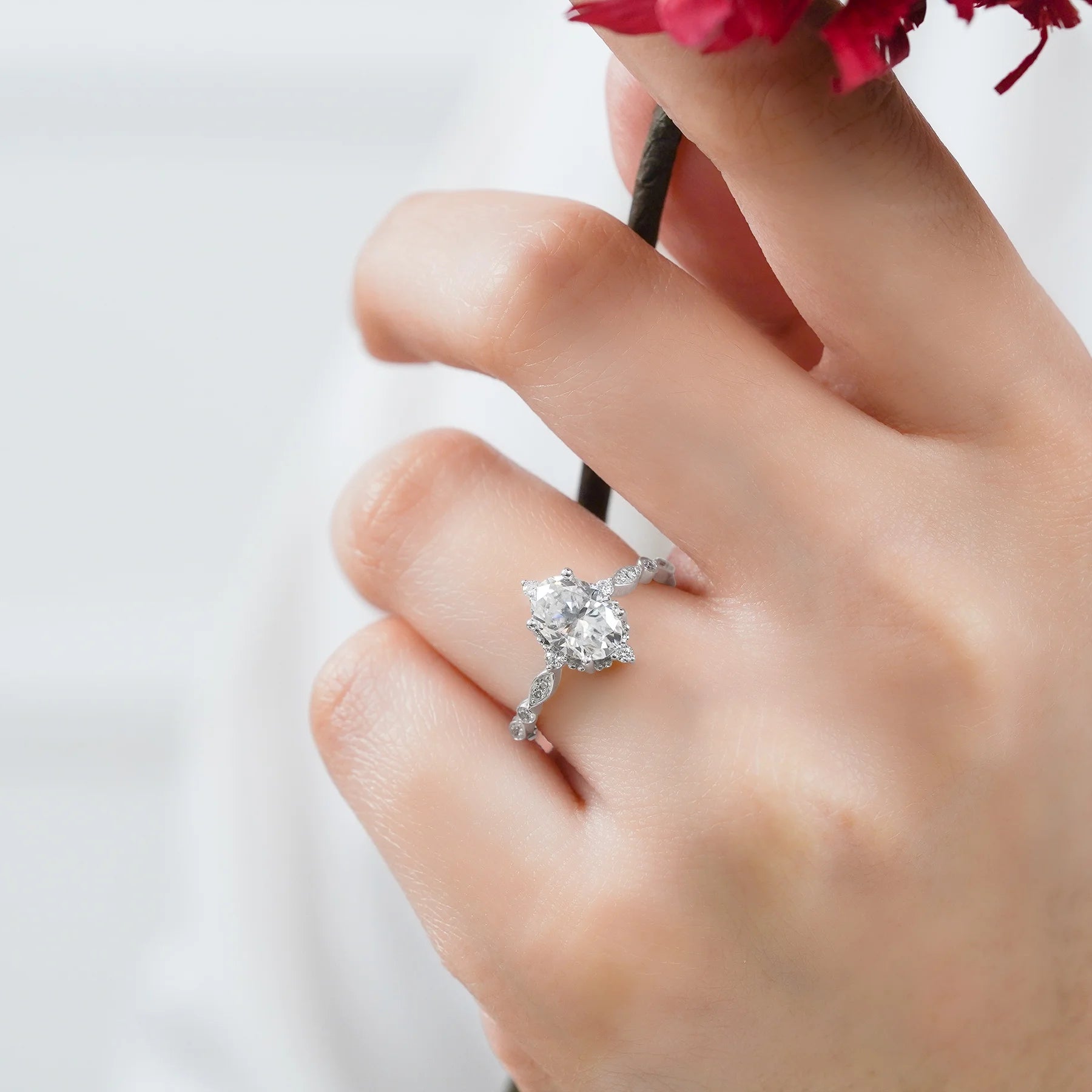 1.5 Carat Moissanite Oval Shape - Vintage Filigree Bezel 5-Stone Milgrain Decorative Engagement Ring in 18K White Gold Plating for Women