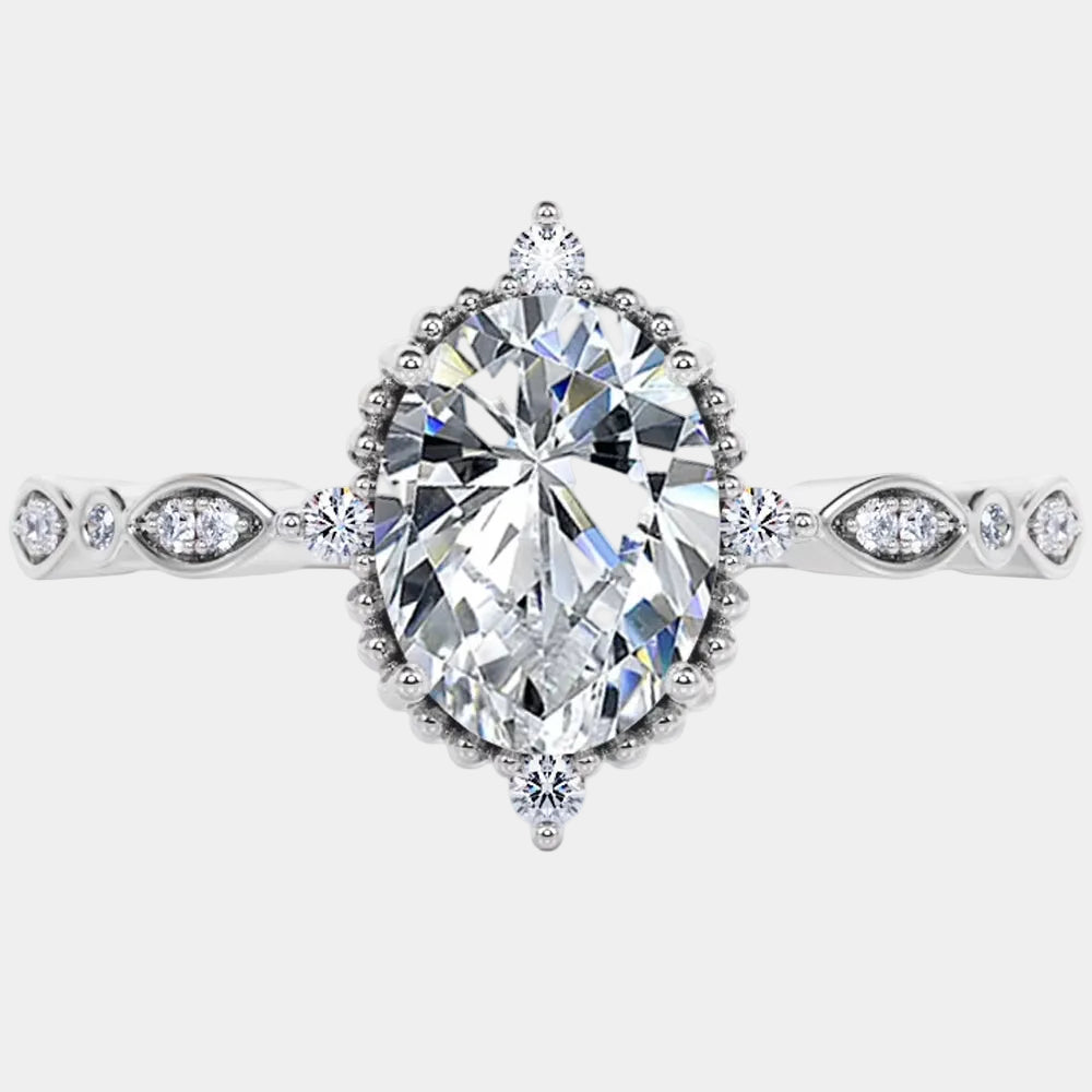 1.5 Carat Moissanite Oval Shape - Vintage Filigree Bezel 5-Stone Milgrain Decorative Engagement Ring in 18K White Gold Plating for Women