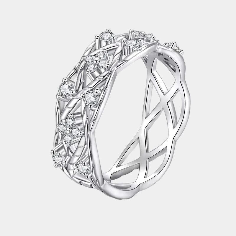 Lucky Clover Moissanite Ring Vintage Vine Cross Hollowed Wide Band Ring for Women Engagement Jewelry Eternal Elegant Gift