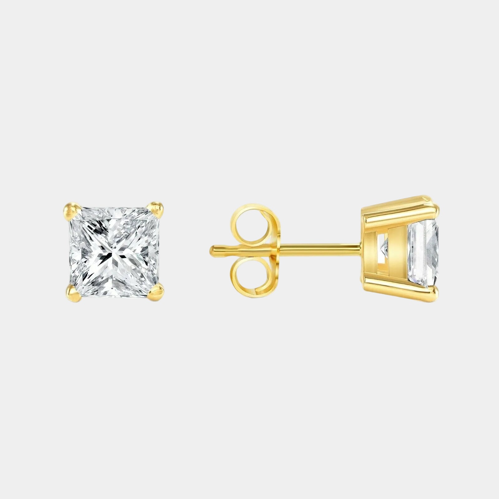 1/2 Ct Princess Cut Lab Created Grown Diamond Earrings 14K Yellow Gold F/VS Push