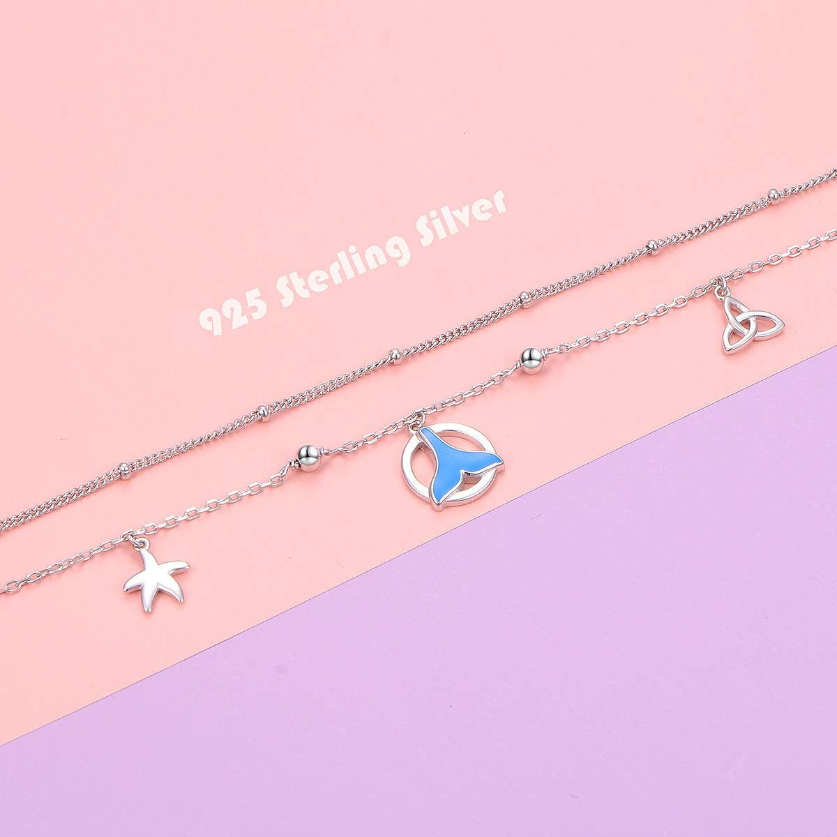 Mermaid Tail Layered Anklet 925 Sterling Silver for Women Adjustable Beads Ankle Bracelet Boho Beach Foot Chain 9 10 Inch Charm Jewelry Best Birthday Gifts