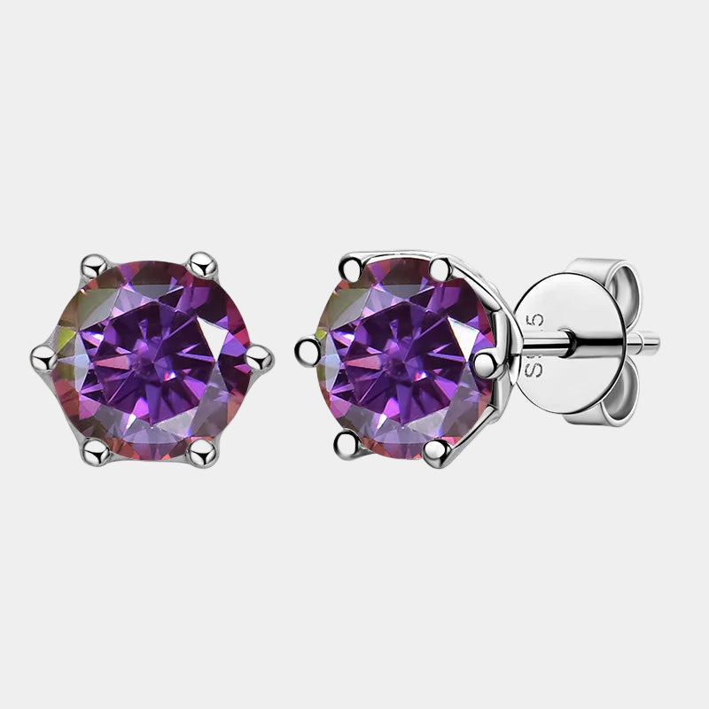 Purple gemstone stud earrings on a white background