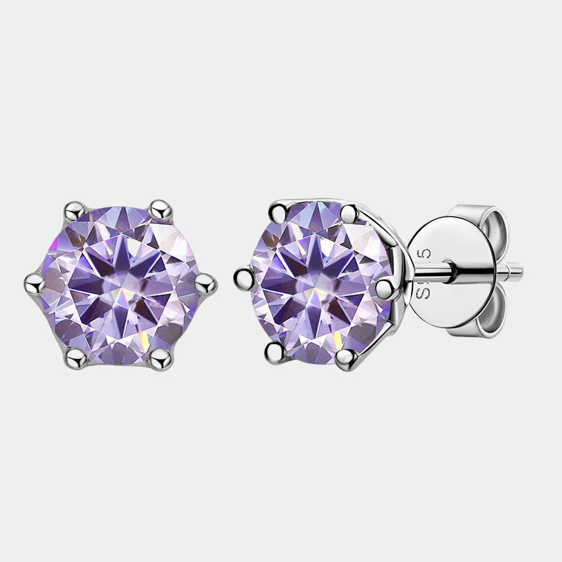 Purple gemstone stud earrings on a white background