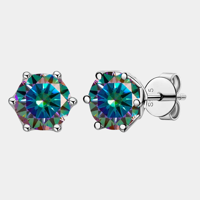 Multicolored gemstone stud earrings on a white background