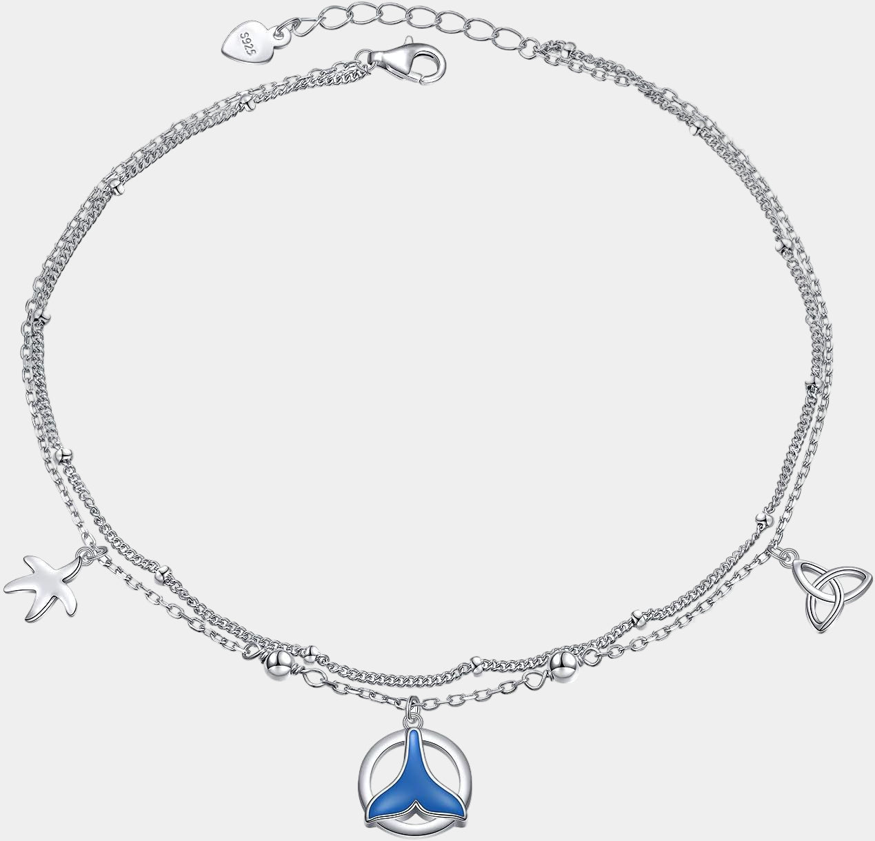 Mermaid Tail Layered Anklet 925 Sterling Silver for Women Adjustable Beads Ankle Bracelet Boho Beach Foot Chain 9 10 Inch Charm Jewelry Best Birthday Gifts